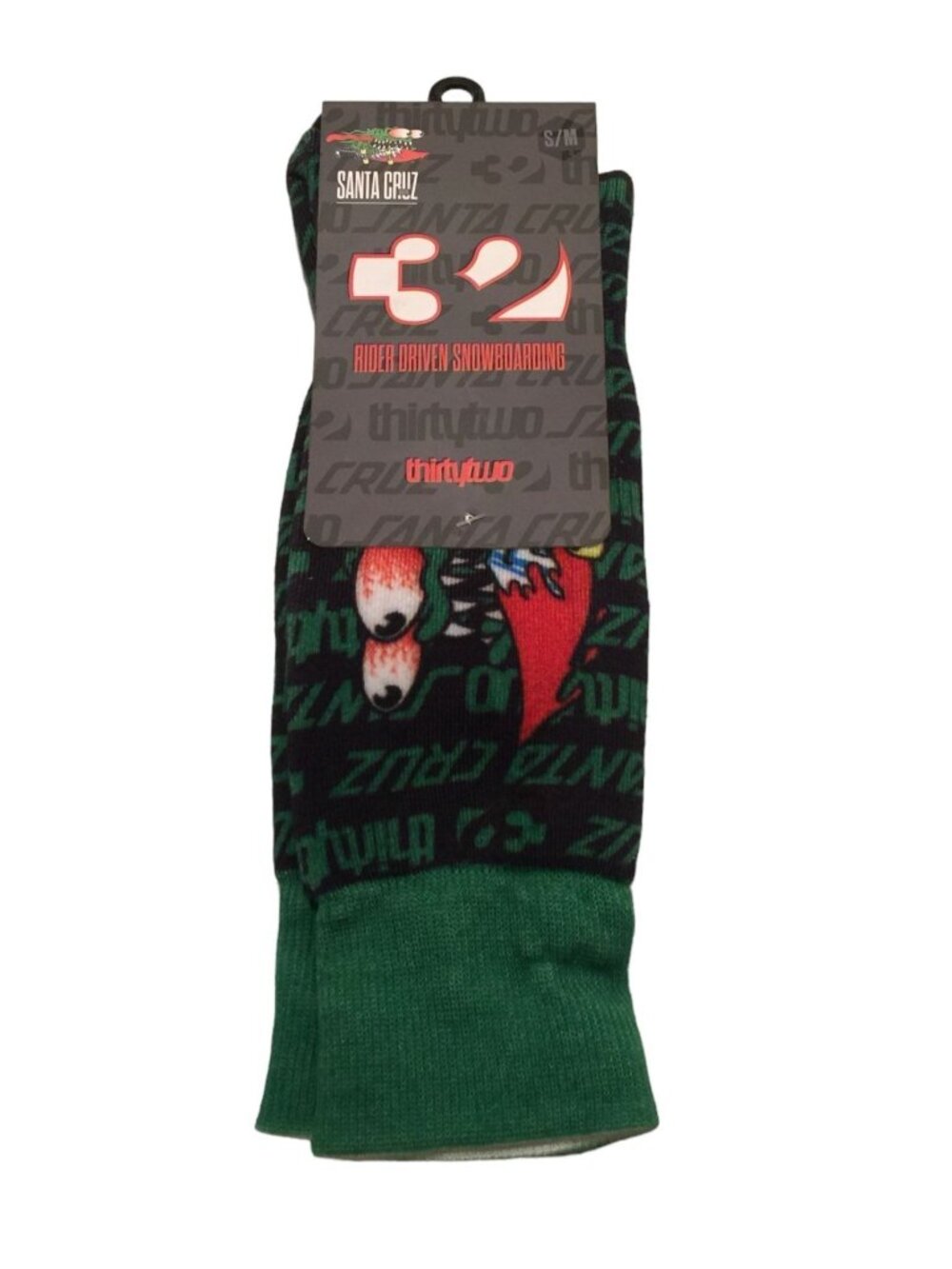 thirtytwo SANTA CRUZ Men's S/M 5-8 Snowboard Socks Monster on Skateboard Green